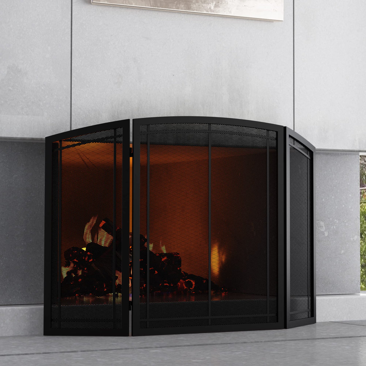 Black 3 Panel Wrought Iron Fireplace Screen 48x30 Inch E263203