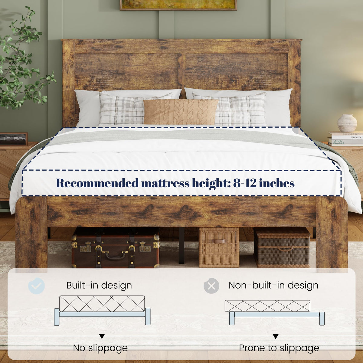 Farmhouse Wood Bed Frame with Headboard and Footboard D36615