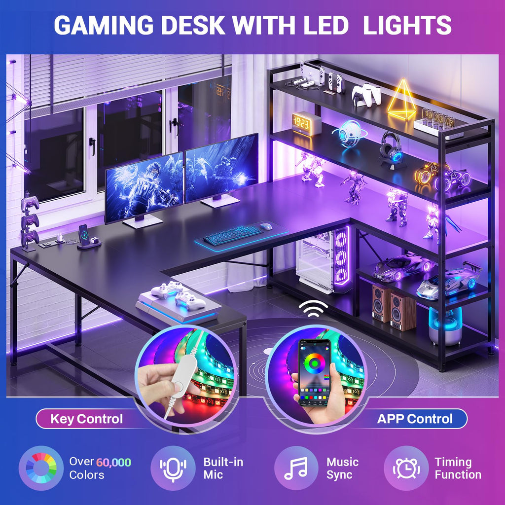 Black L Shaped Gaming Desk with Power Outlet and Storage Shelves K8321