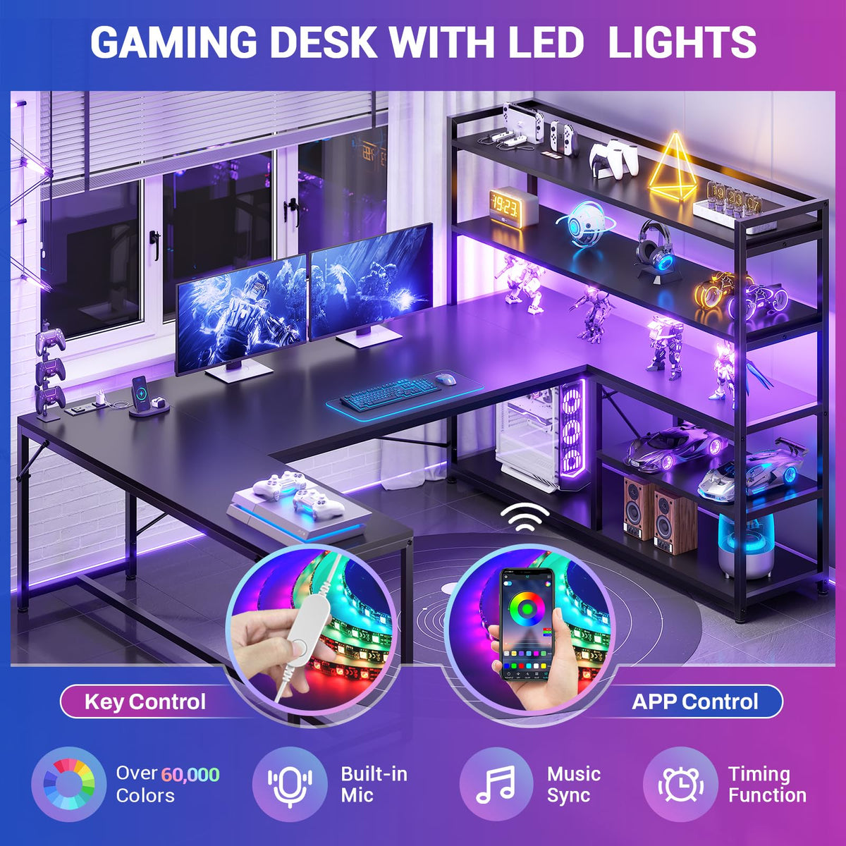 Black L Shaped Gaming Desk with Power Outlet and Storage Shelves K8321