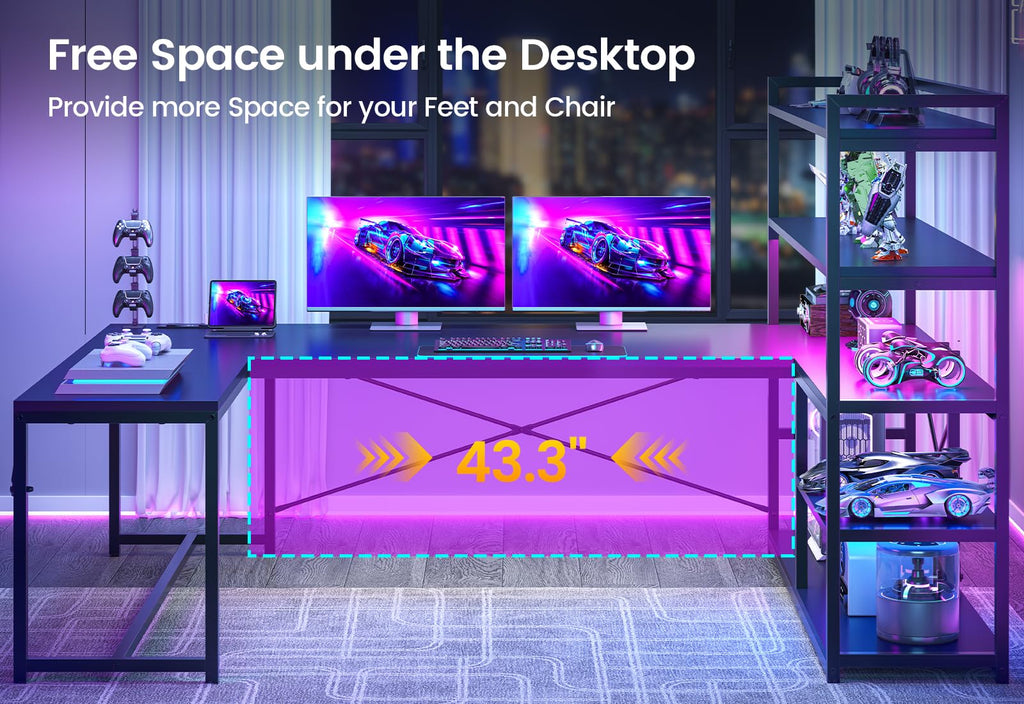 Black L Shaped Gaming Desk with Power Outlet and Storage Shelves K8321