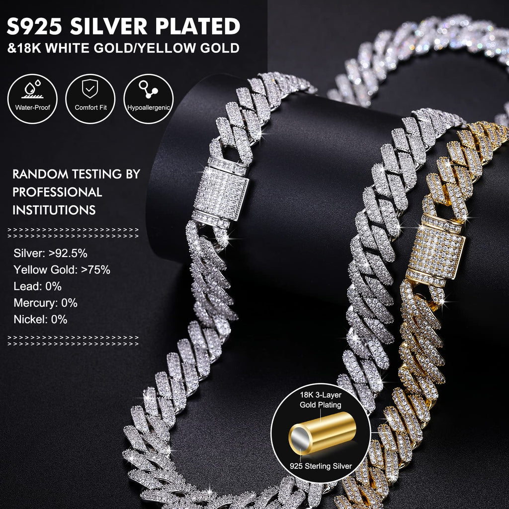 Moissanite Cuban Link Chain Necklace 18k Gold Plated 925 Sterling Silver S7346