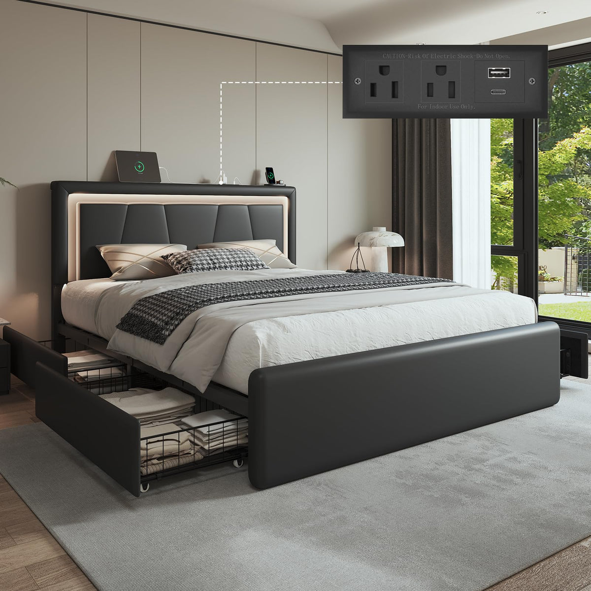Full Size Bed Frame with Storage Drawers and Charging Station, Black P73396