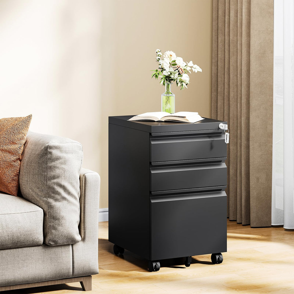 Black 3 Drawer Metal File Cabinet with Lock D933