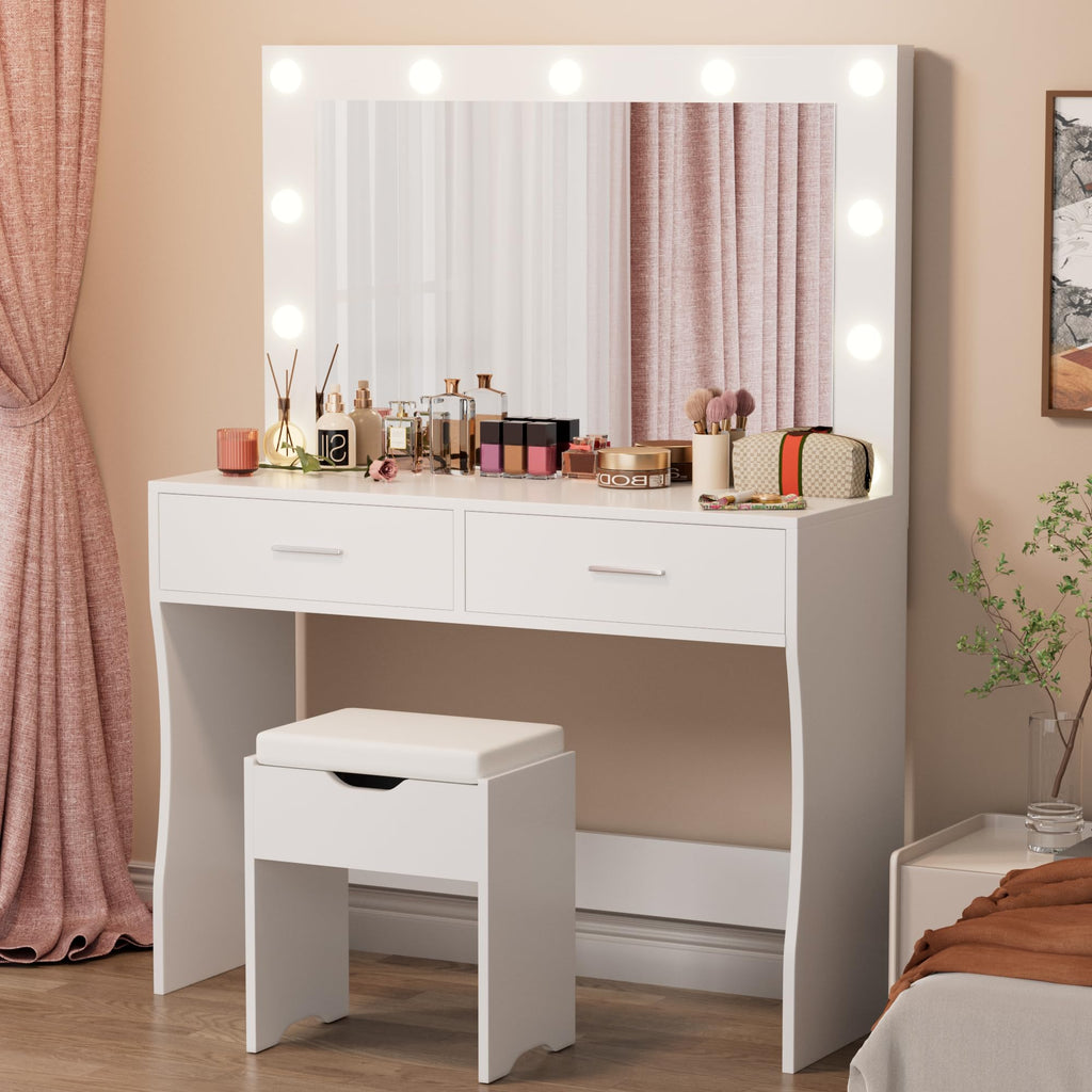 White Vanity Desk Set with Lighted Mirror and 2 Drawers T2466