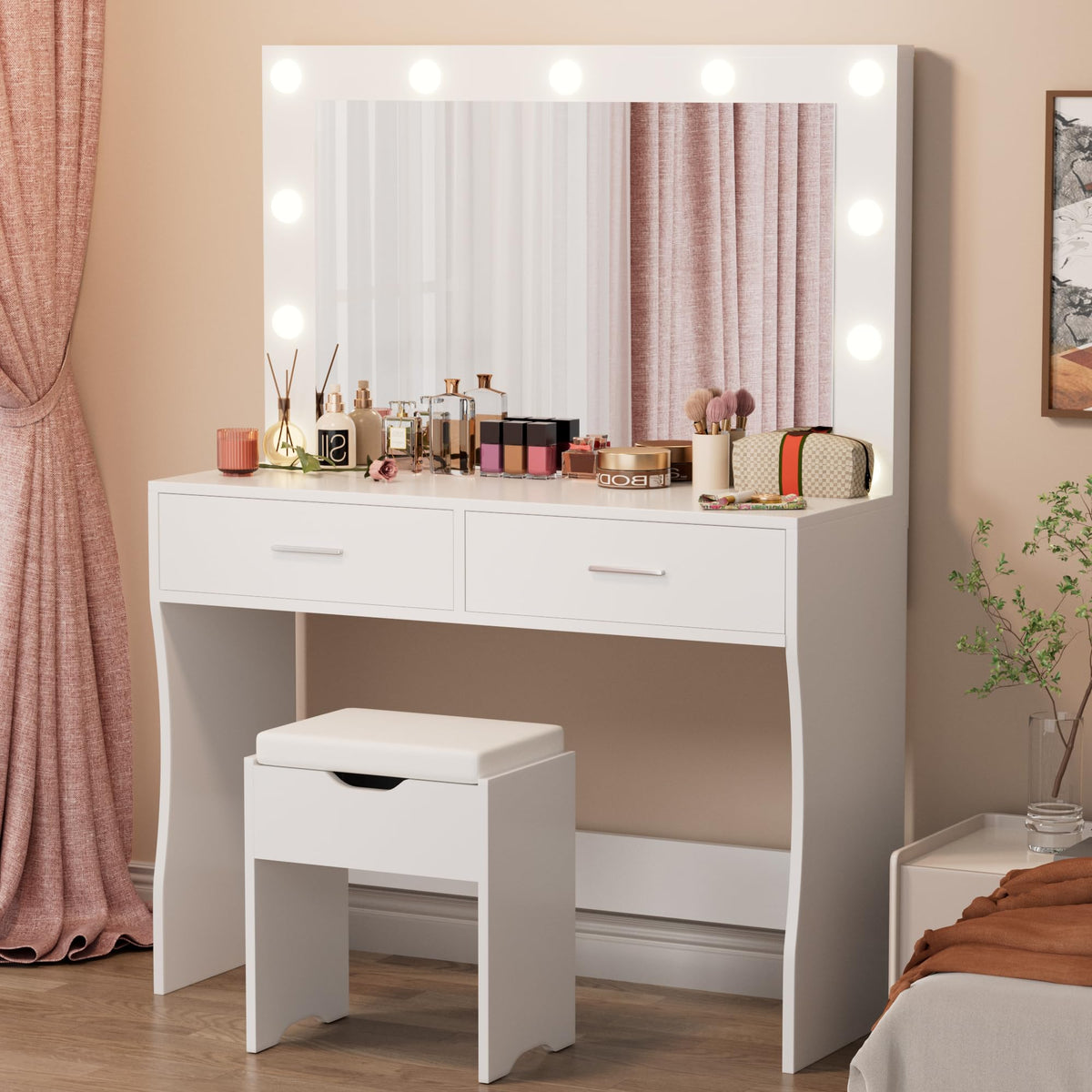 White Vanity Desk Set with Lighted Mirror and 2 Drawers T2466
