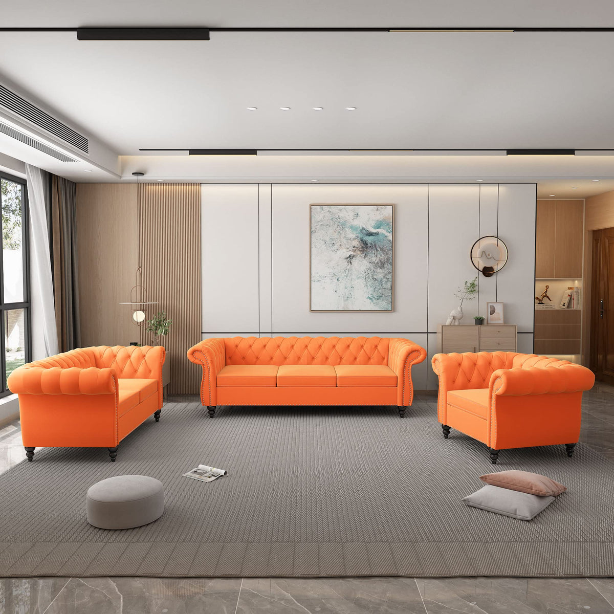 Orange Velvet Chesterfield Sofa Loveseat and Chair P147277