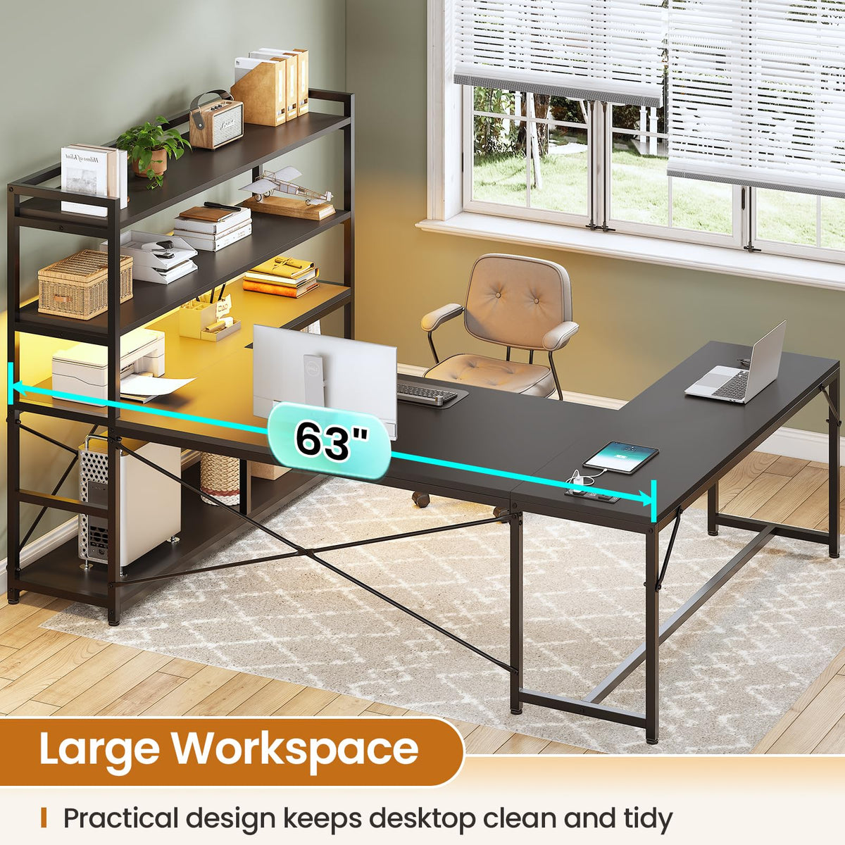 Black L Shaped Gaming Desk with Power Outlet and Storage Shelves K8321