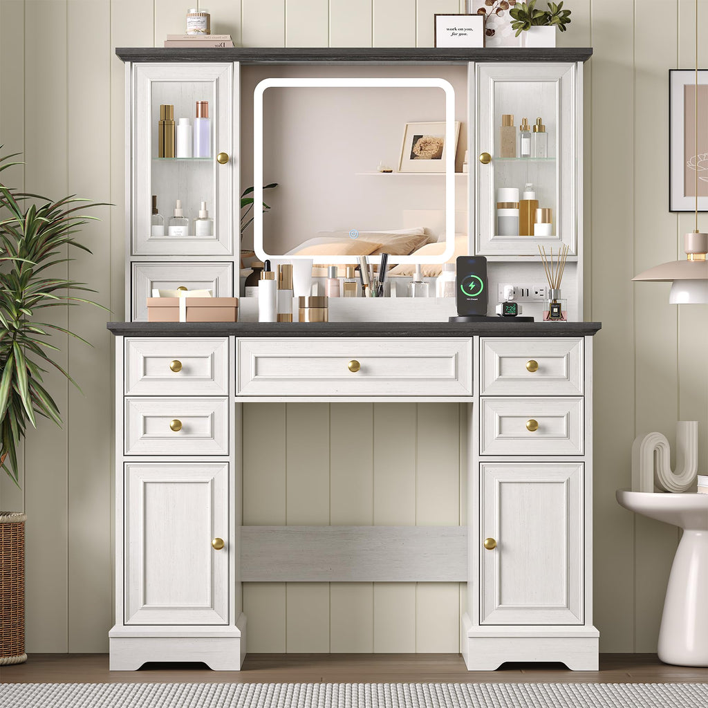 White Makeup Vanity Desk with Mirror and LED Lights G816