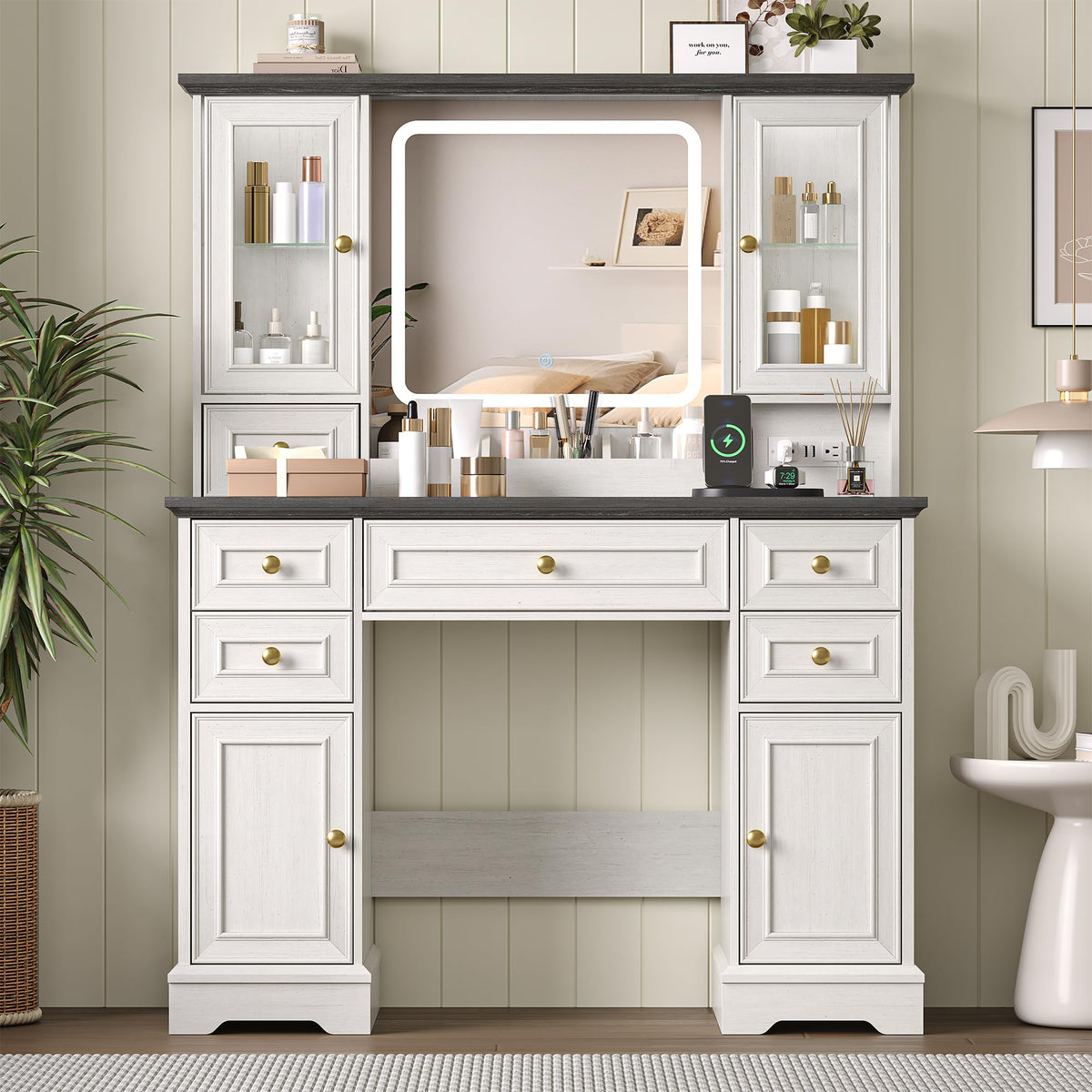 White Makeup Vanity Desk with Mirror and LED Lights G816