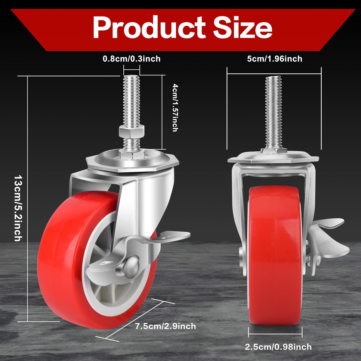 3 Inch Heavy Duty Stem Casters Swivel Wheels with Brake, Set of 4 V18288
