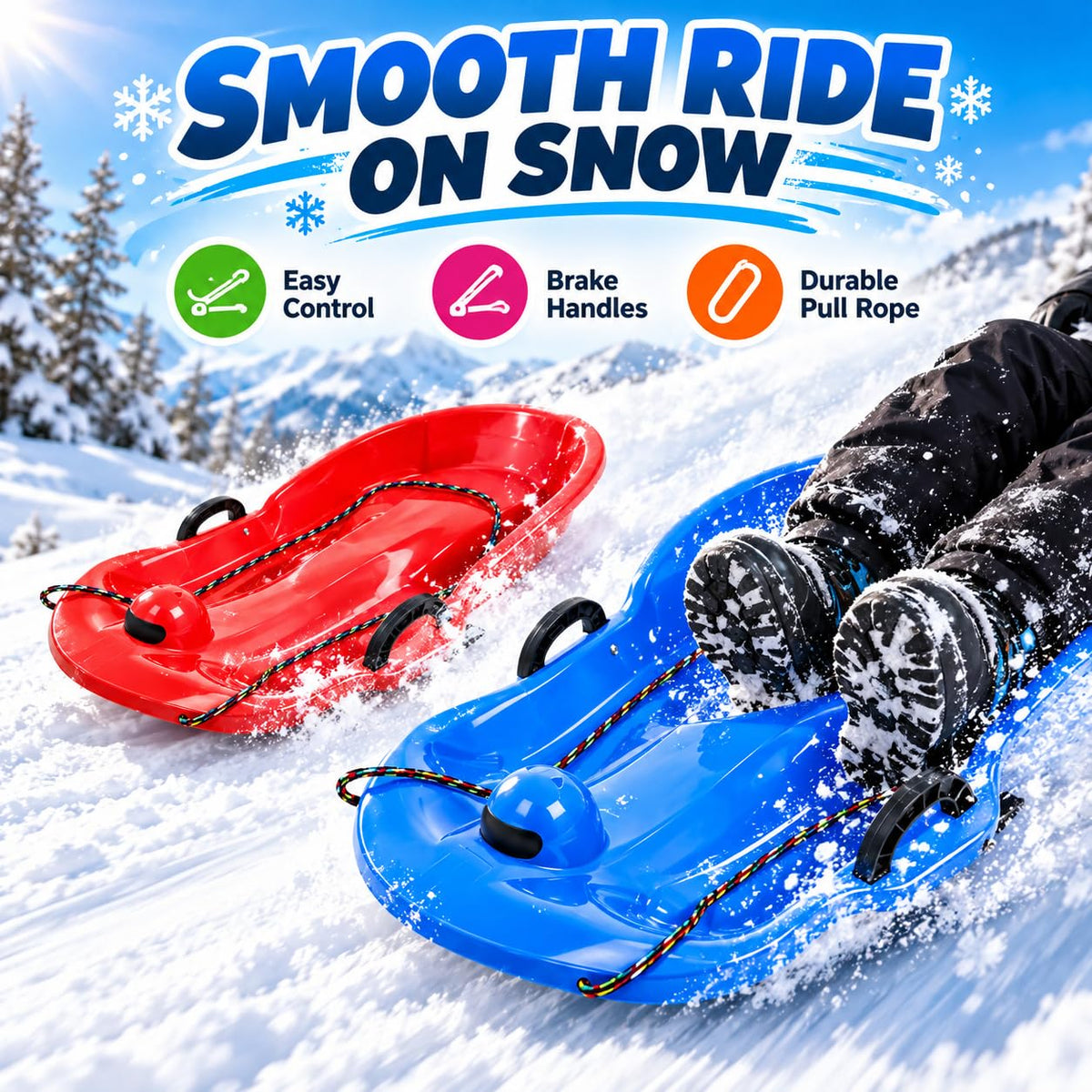 2 Pack 65cm Plastic Snow Sleds with Brake Handles and Pull Rope F654372