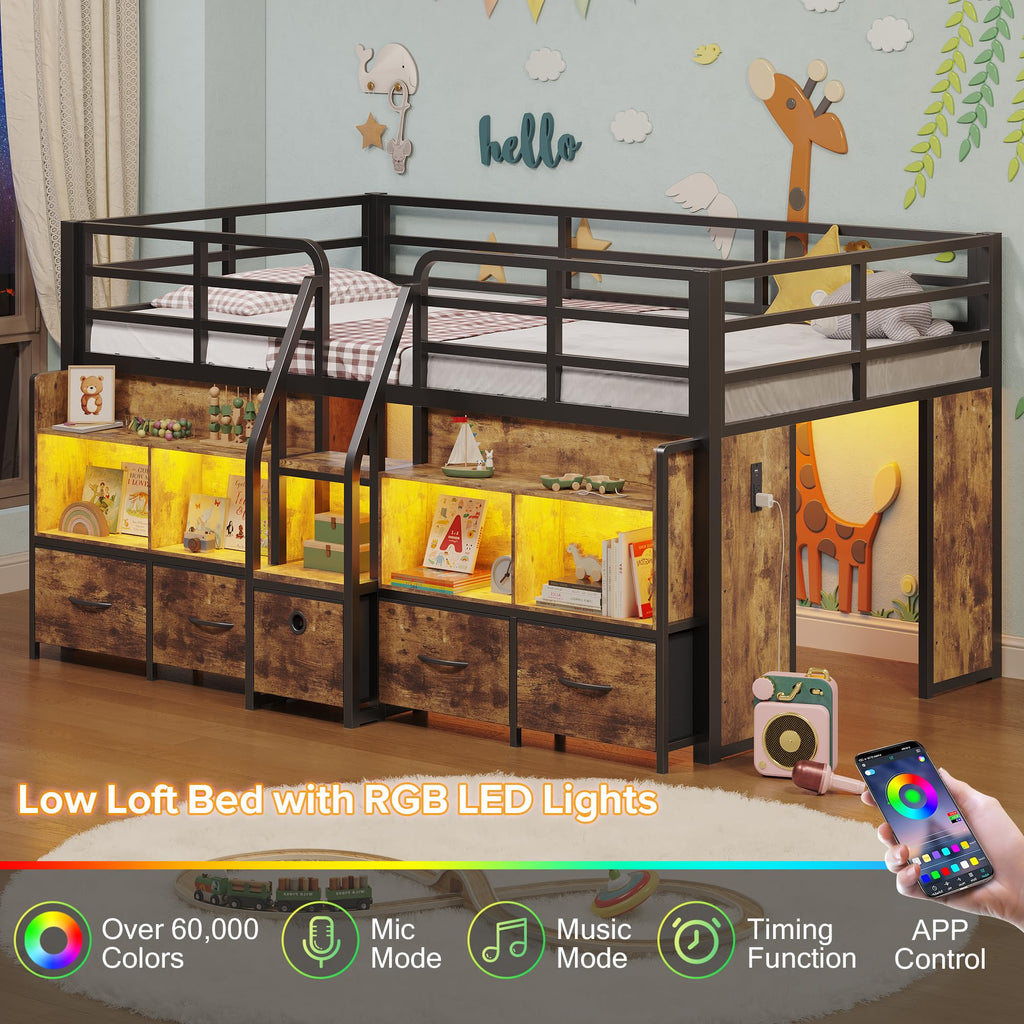 Twin Low Loft Bed with 5 Storage Drawers and 6 Bookcase M864