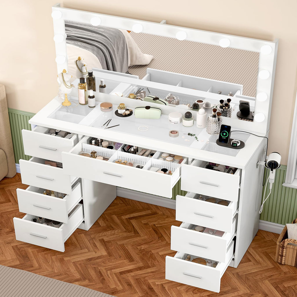 White Vanity Desk with Lighted Mirror and 9 Drawers S356