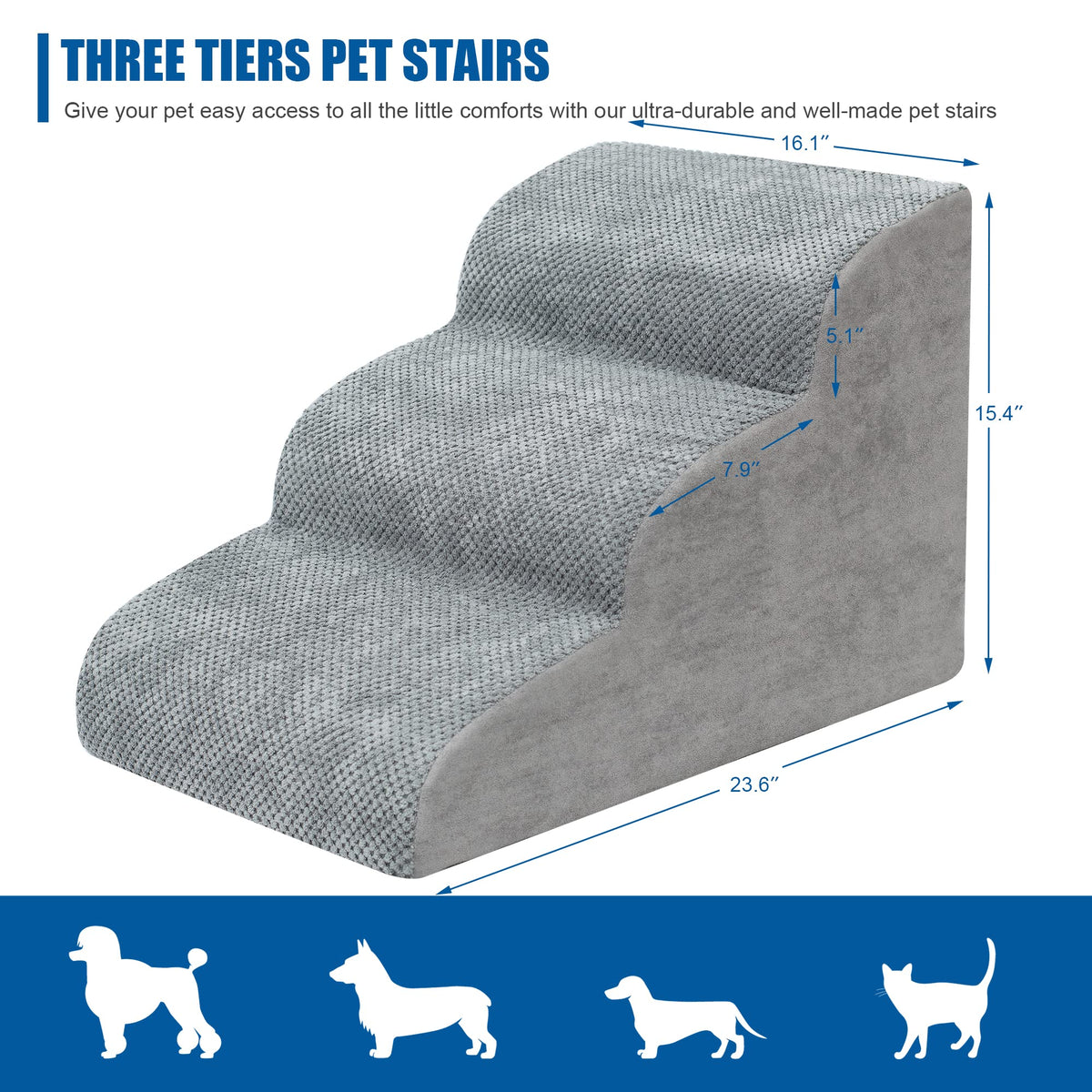 High Density Foam Dog Stairs 3 Steps Grey K280702