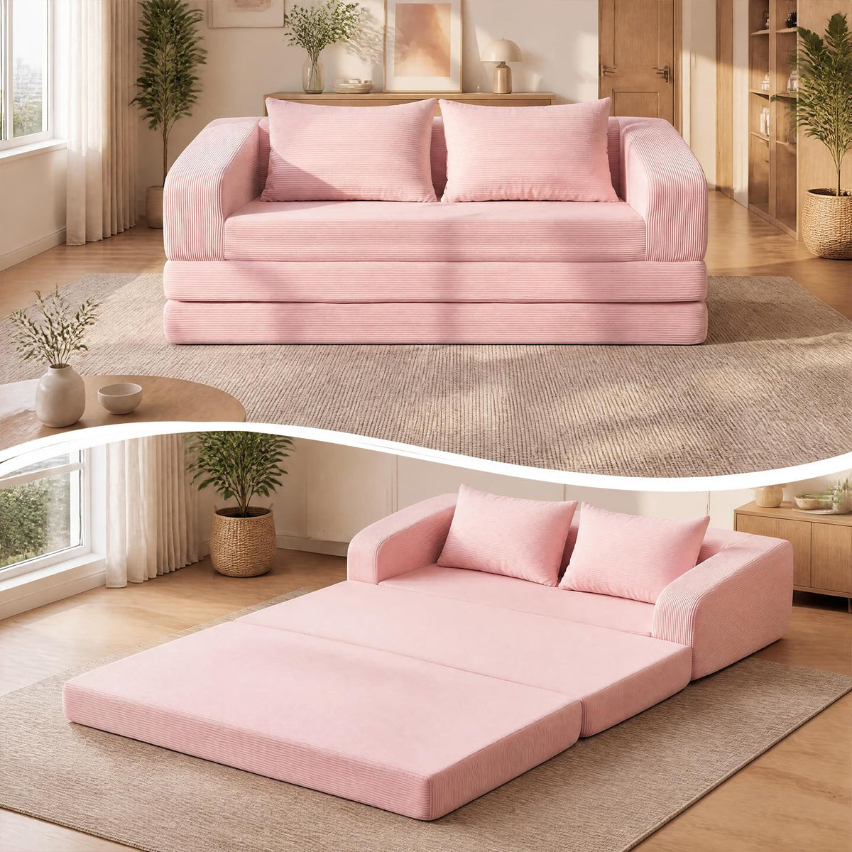 61" Pink Convertible Futon Sofa Bed R9473