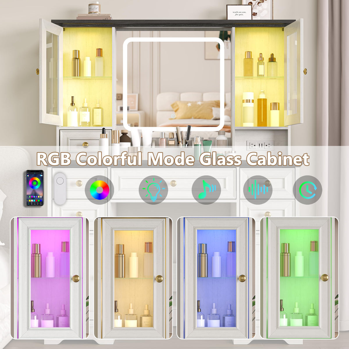 White Makeup Vanity Desk with Mirror and LED Lights G816