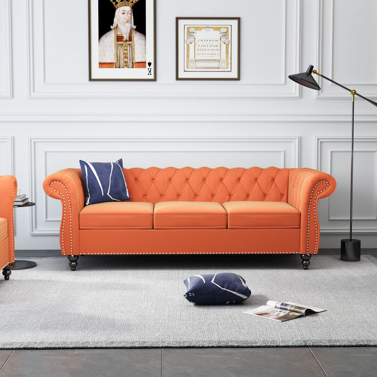 Orange Velvet Chesterfield Sofa Loveseat and Chair P147277