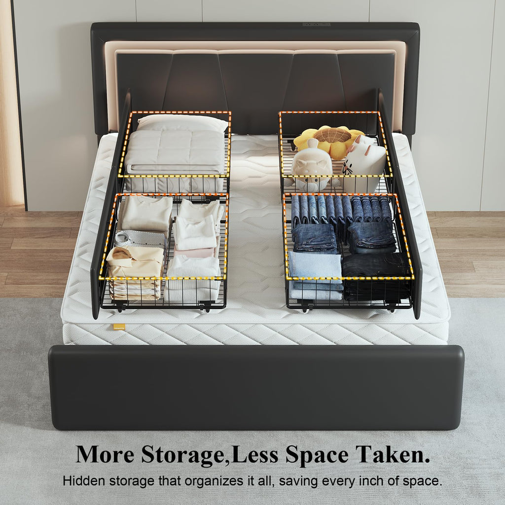 Full Size Bed Frame with Storage Drawers and Charging Station, Black P73396