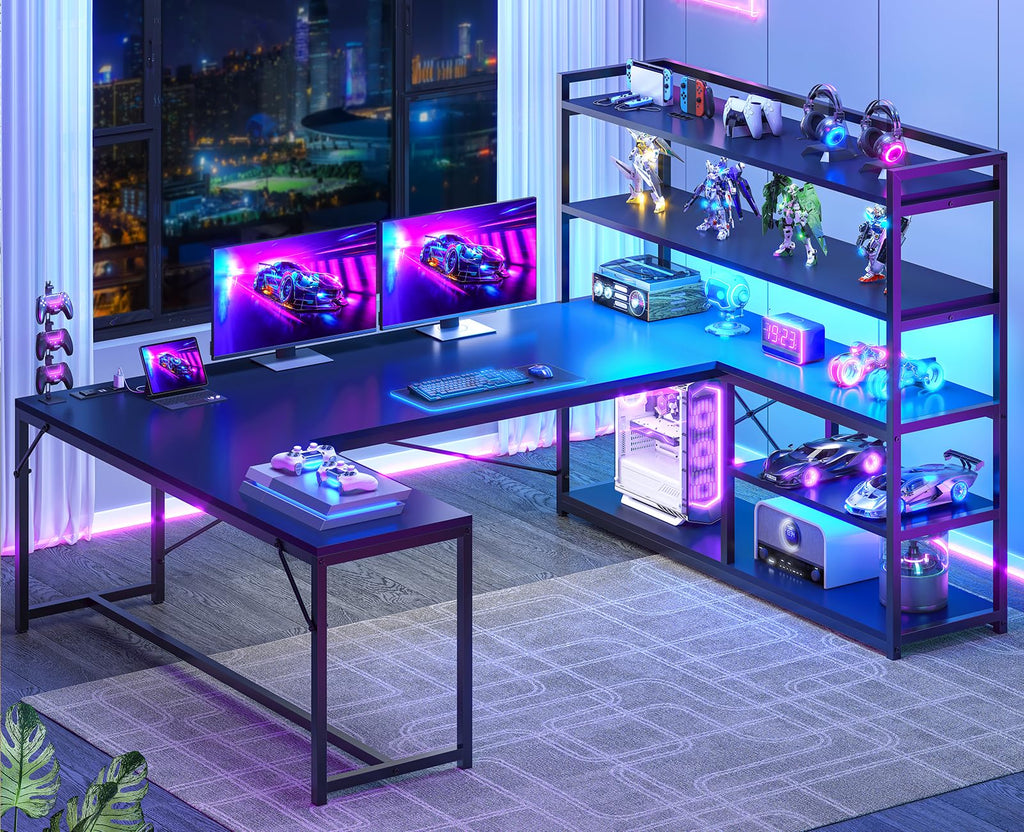 Black L Shaped Gaming Desk with Power Outlet and Storage Shelves K8321