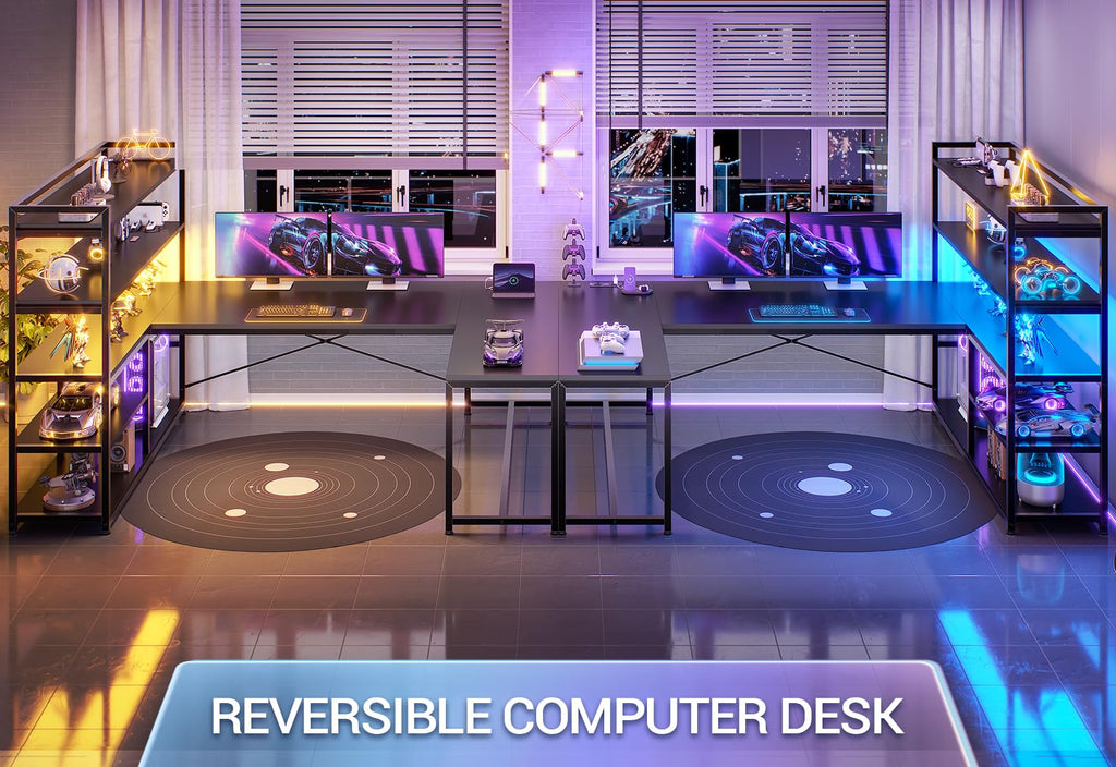 Black L Shaped Gaming Desk with Power Outlet and Storage Shelves K8321