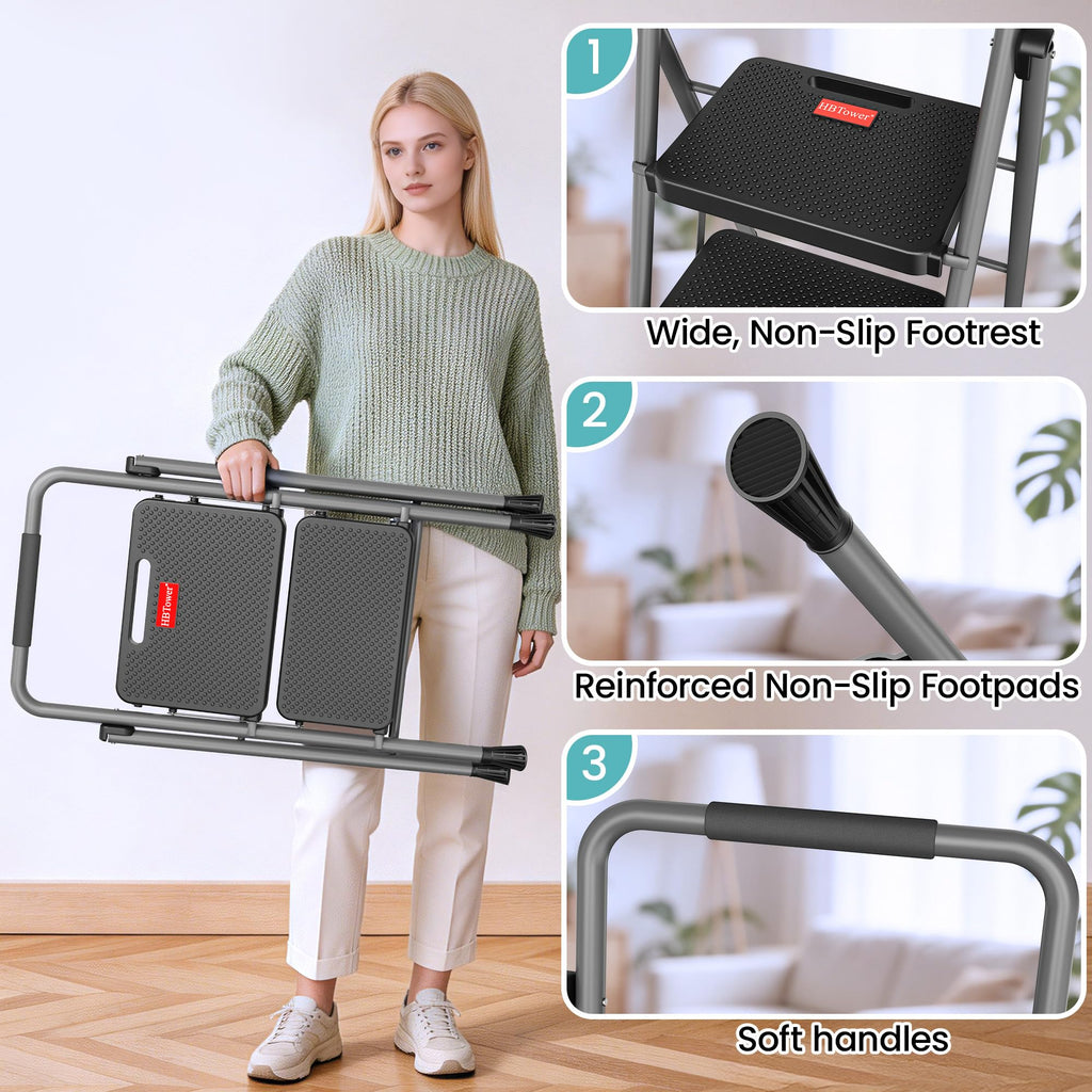 2 Step Folding Step Ladder 300 lbs Capacity with Handrail Gray X772874