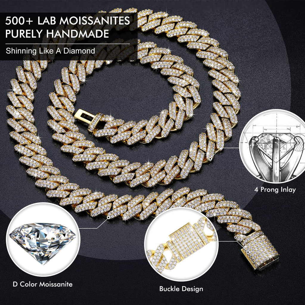 Moissanite Cuban Link Chain Necklace 18k Gold Plated 925 Sterling Silver S7346