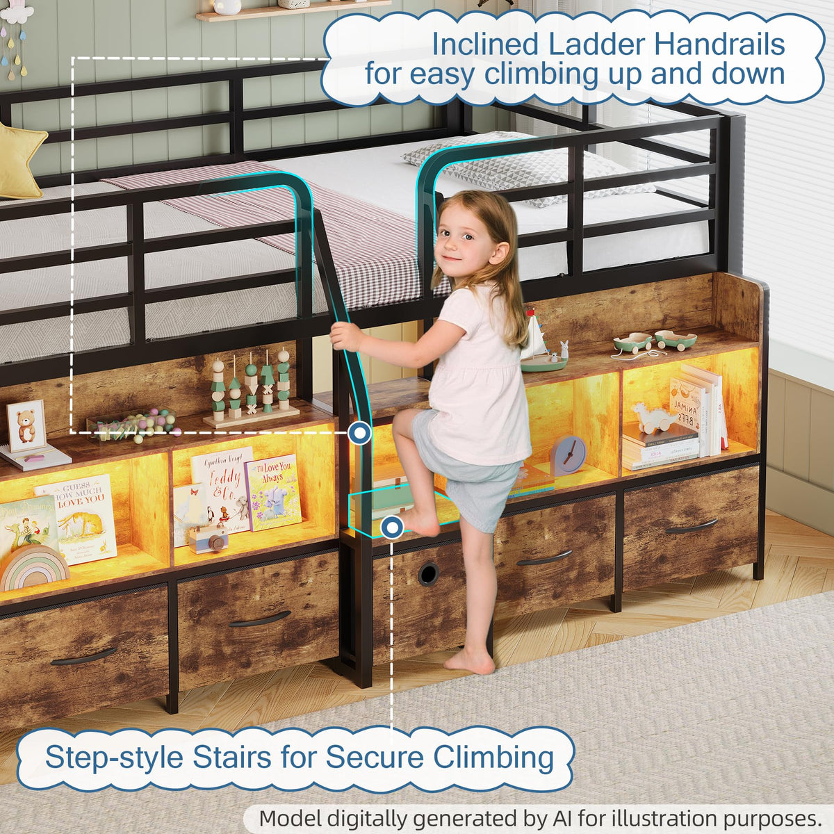 Twin Low Loft Bed with 5 Storage Drawers and 6 Bookcase M864