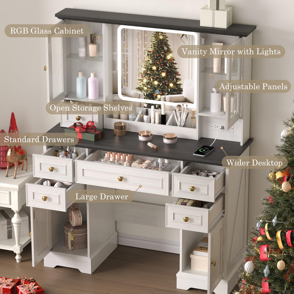 White Makeup Vanity Desk with Mirror and LED Lights G816