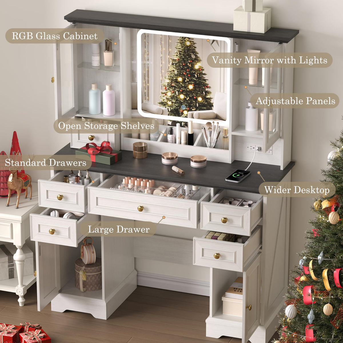 White Makeup Vanity Desk with Mirror and LED Lights G816
