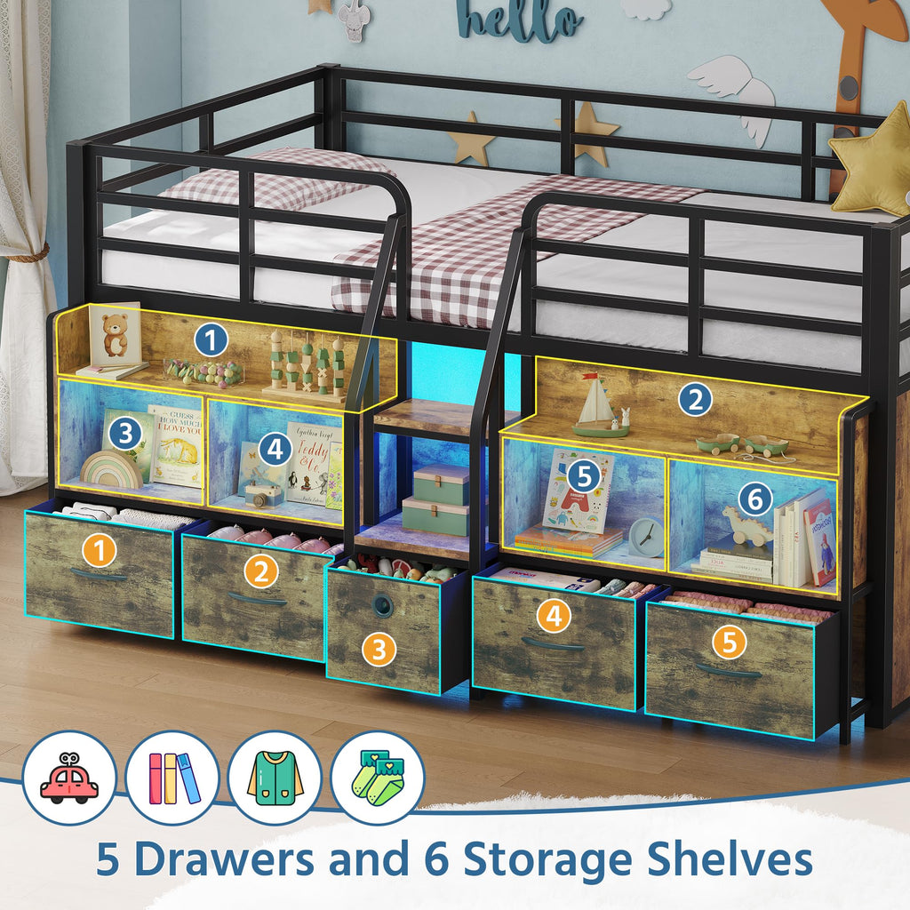 Twin Low Loft Bed with 5 Storage Drawers and 6 Bookcase M864
