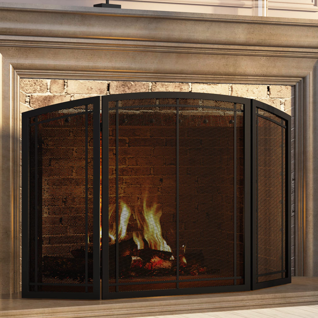 Black 3 Panel Wrought Iron Fireplace Screen 48x30 Inch E263203