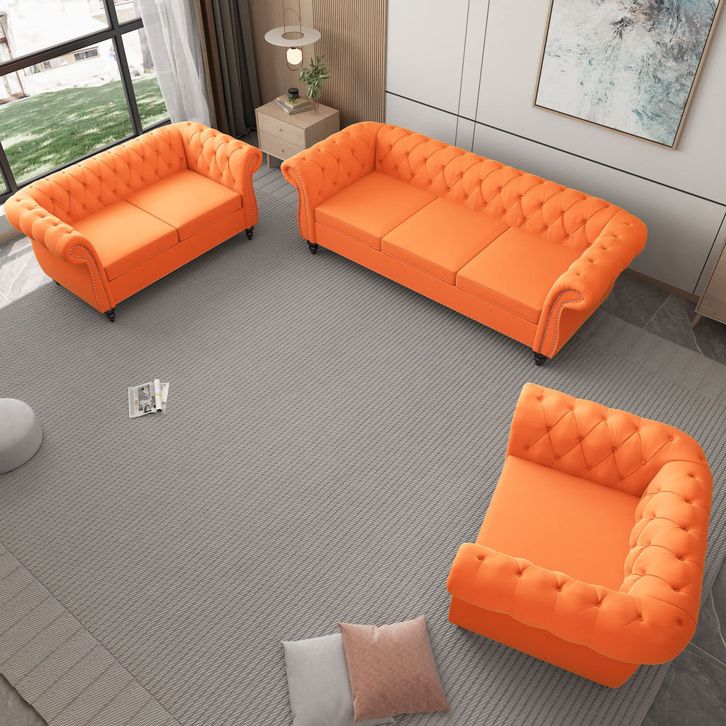 Orange Velvet Chesterfield Sofa Loveseat and Chair P147277