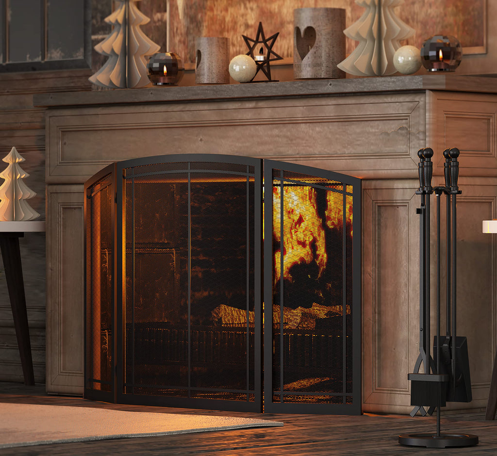 Black 3 Panel Wrought Iron Fireplace Screen 48x30 Inch E263203