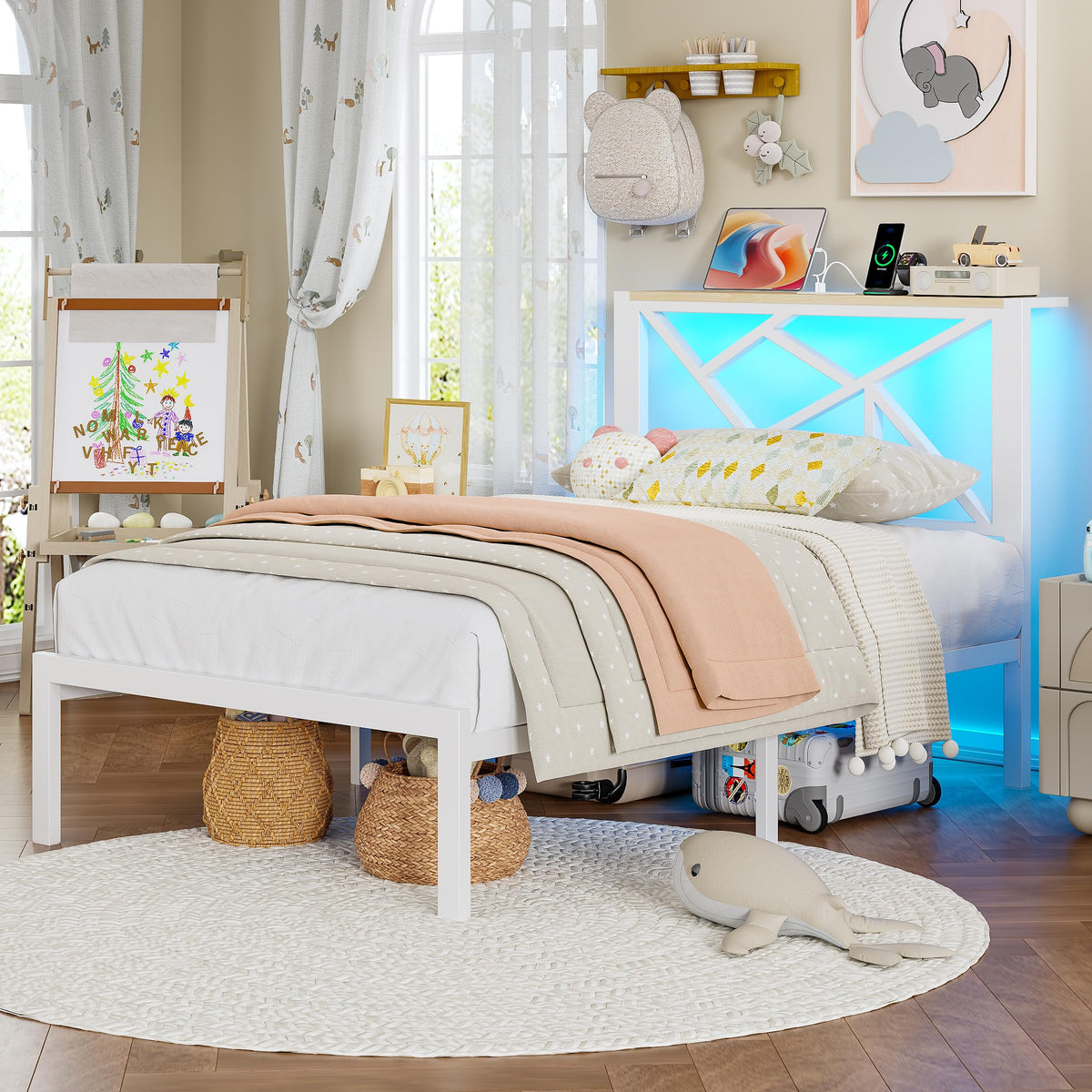 White Twin Metal Bed Frame with USB Charging Station Q912050