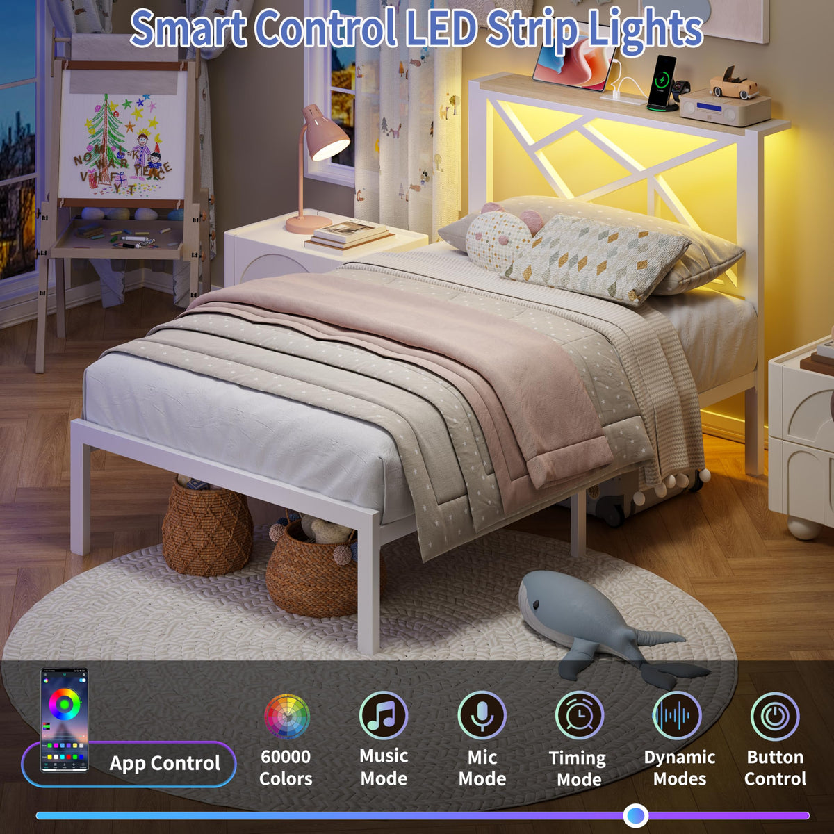 White Twin Metal Bed Frame with USB Charging Station Q912050