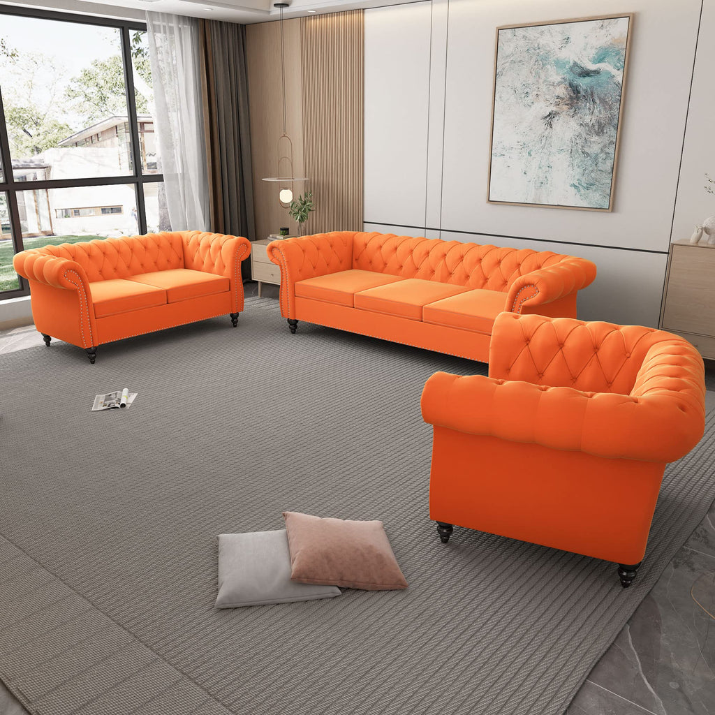 Orange Velvet Chesterfield Sofa Loveseat and Chair P147277