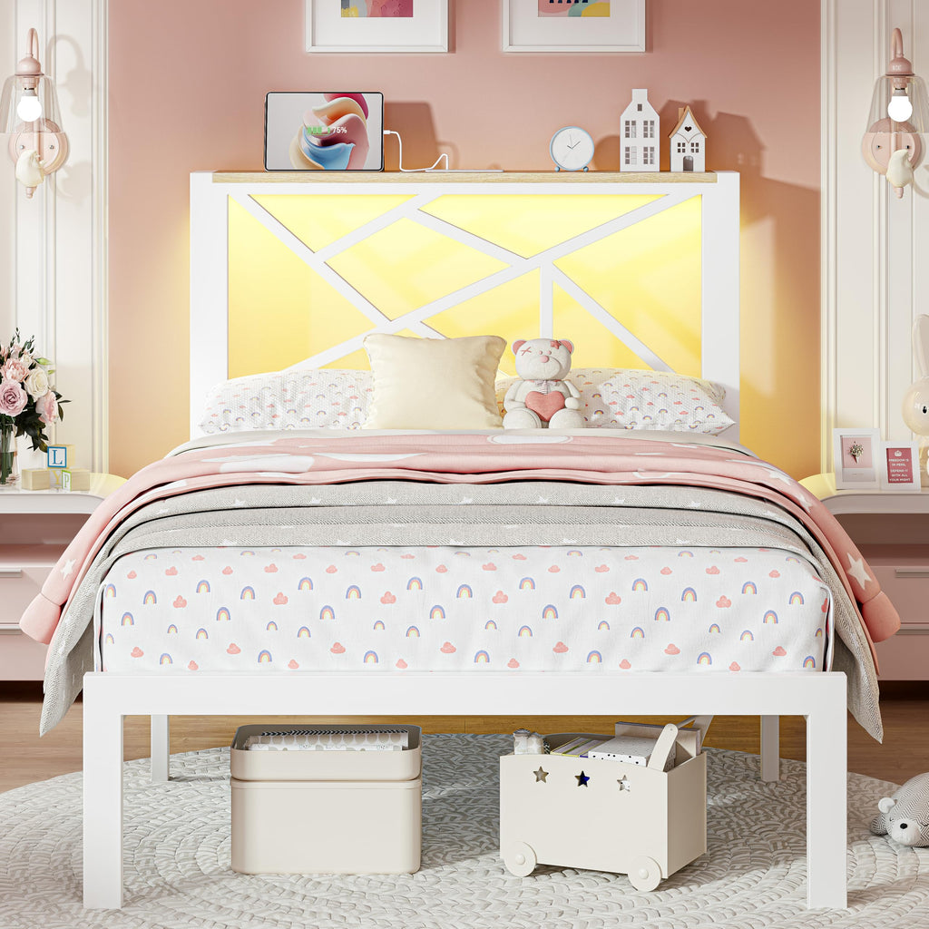 White Twin Metal Bed Frame with USB Charging Station Q912050