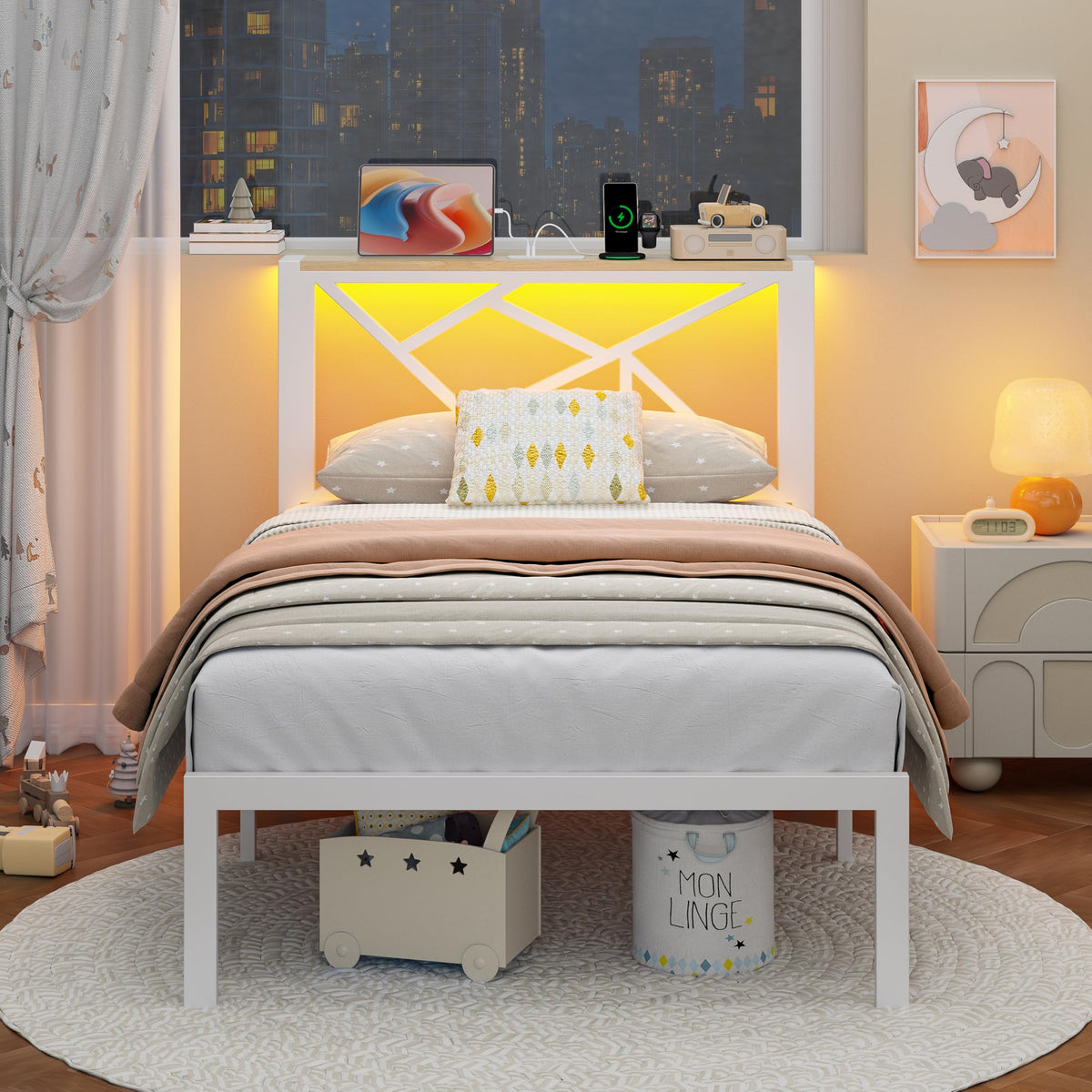 White Twin Metal Bed Frame with USB Charging Station Q912050