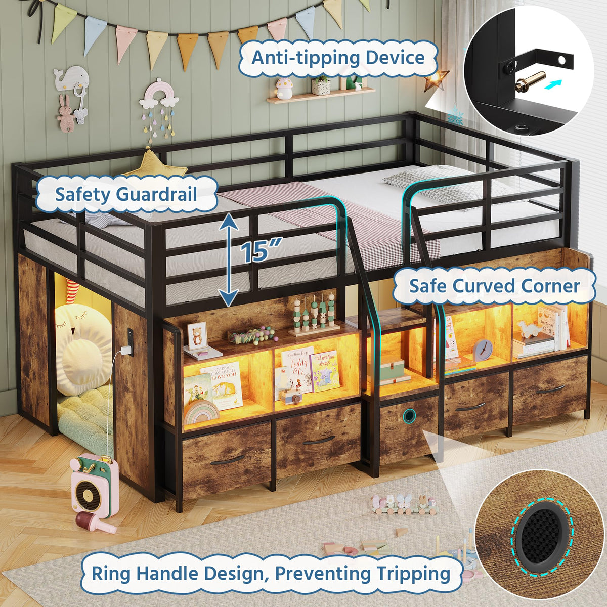 Twin Low Loft Bed with 5 Storage Drawers and 6 Bookcase M864
