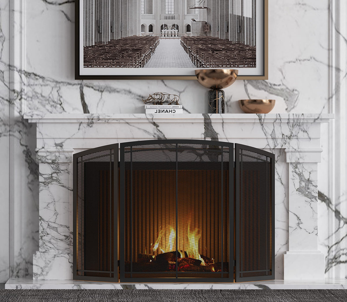 Black 3 Panel Wrought Iron Fireplace Screen 48x30 Inch E263203