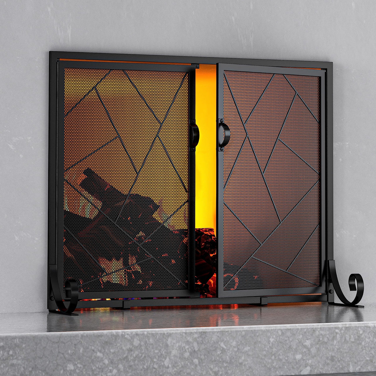 Hinged Fireplace Screen Iron Frame Fire Guard M1386