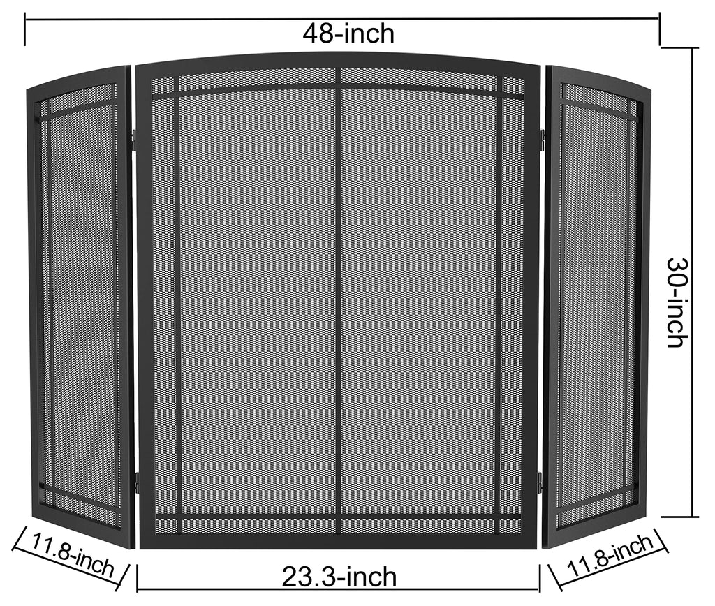 Black 3 Panel Wrought Iron Fireplace Screen 48x30 Inch E263203
