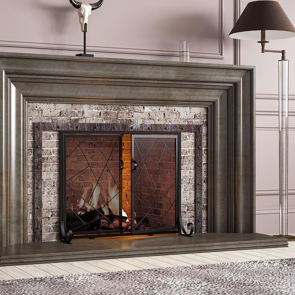 Hinged Fireplace Screen Iron Frame Fire Guard M1386